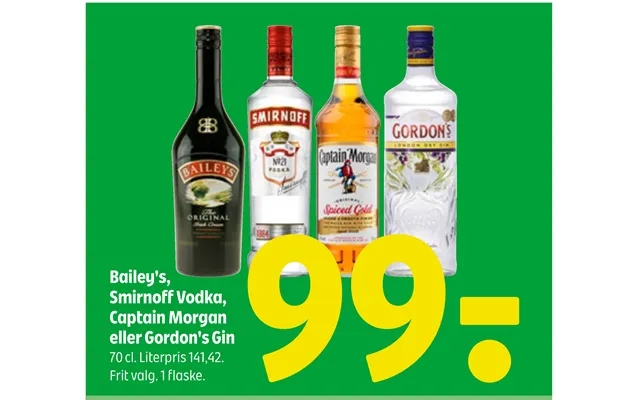 Bailey s, smirnoff vodka, captain morgan or gordon s gin product image