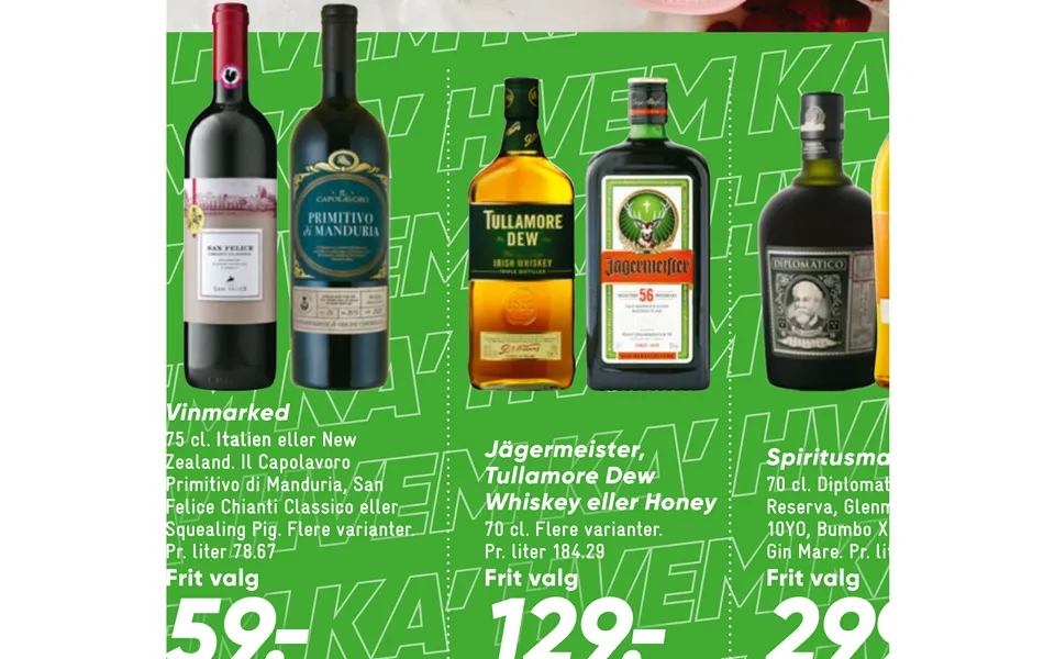 Spiritusmarked jägermeister, tullamore dew whiskey or honey wine market