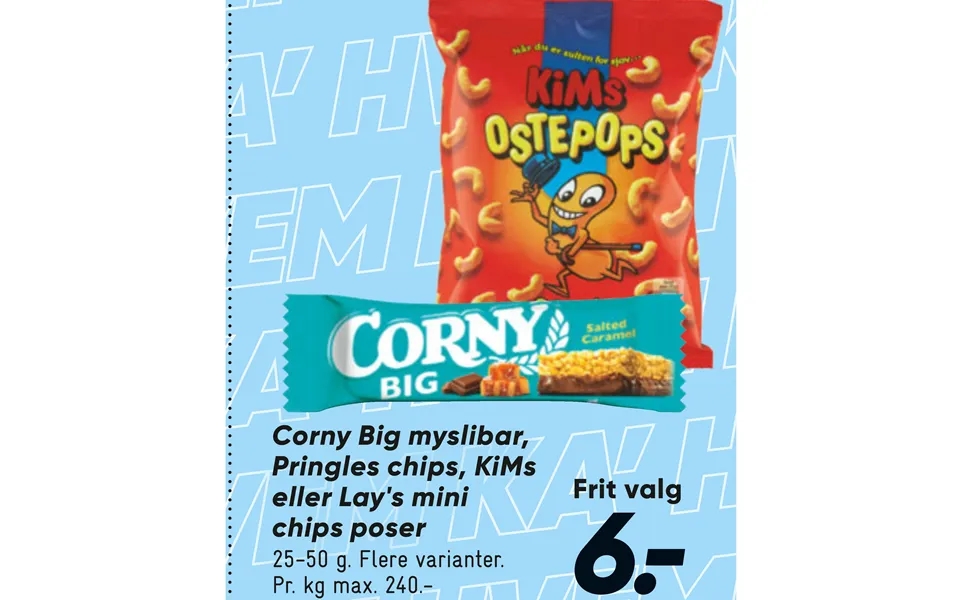 Corny Big Myslibar, Pringles Chips, Kims Eller Lay's Mini Chips Poser