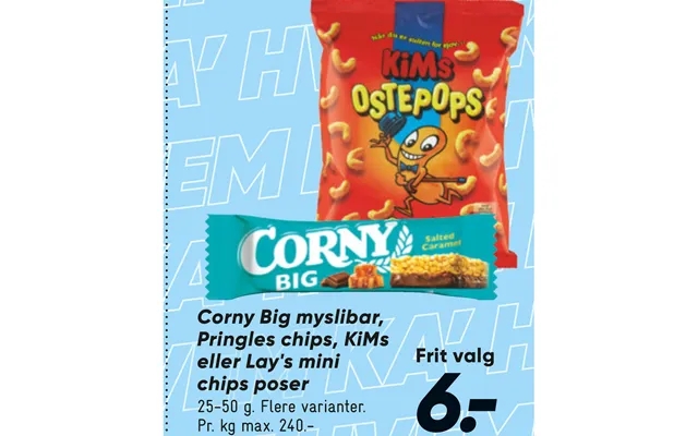 Corny big muesli bar, pringles potato chips, kims or lay s mini potato chips bags product image