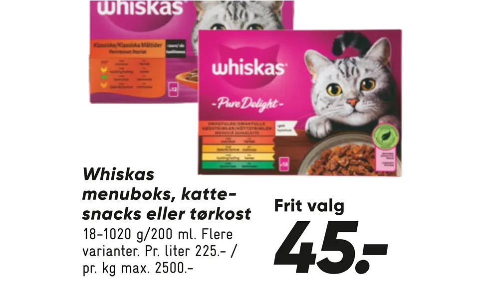 Whiskas menu box, cats snacks or dry food