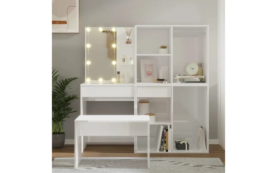 Makeupbordssæt with led light designed wood white high gloss