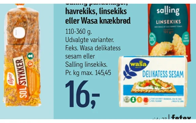 Salling Pandekager, Havrekiks, Linsekiks Eller Wasa Knækbrød product image