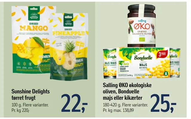 Salling eco organic olives, bonduelle corn or chickpeas sunshine delights dried fruit product image