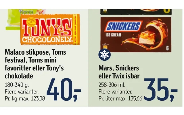 Malaco Slikpose, Toms Festival, Toms Mini Favoritter Eller Tony's Chokolade Mars, Snickers Eller Twix Isbar product image