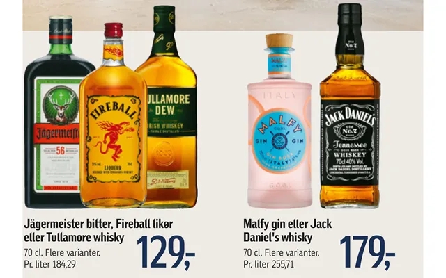 Malfy gin or jack daniel s whiskey jägermeister bitter, fireball liqueur or tullamore whiskey product image