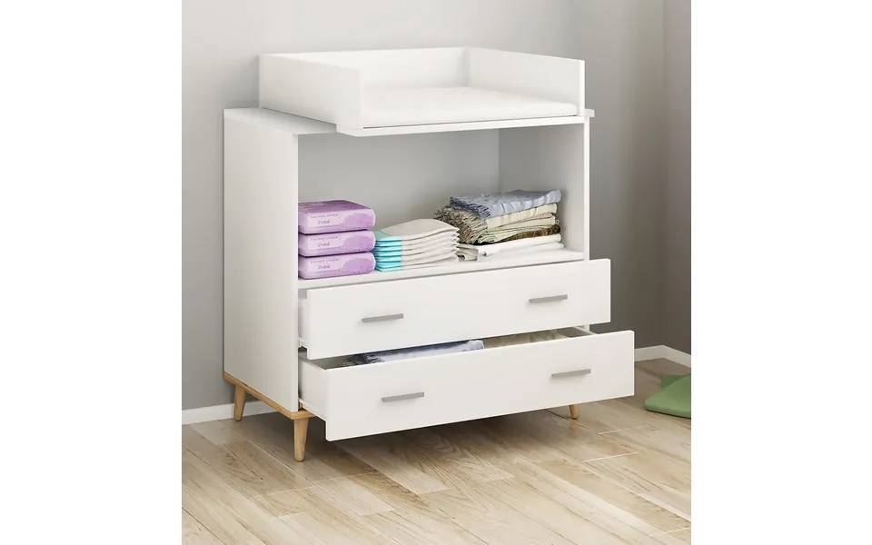 Changing table with 2 drawers - white with natural colored legs
