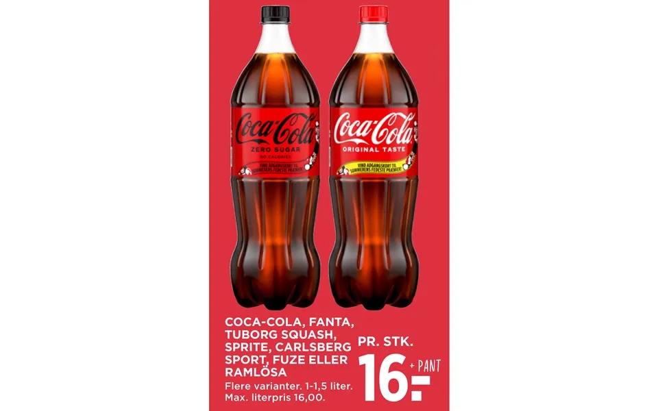 Coca-cola, Fanta, Tuborg Squash, Sprite, Carlsberg Sport, Fuze Eller Ramlösa