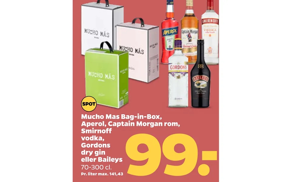 Mucho mas bag-in-box, aperol, captain morgan rom, smirnoff vodka, gordons dry gin or baileys