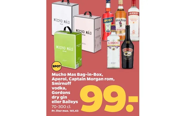 Mucho Mas Bag-in-box, Aperol, Captain Morgan Rom, Smirnoff Vodka, Gordons Dry Gin Eller Baileys product image