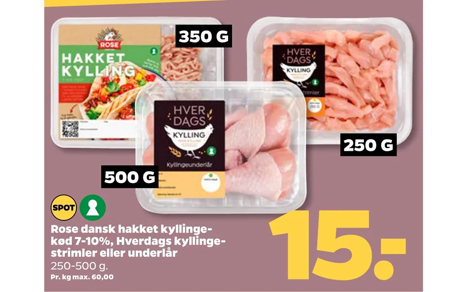 Rose Dansk Hakket Kyllingekød 7-10%, Hverdags Kyllingestrimler Eller Underlår