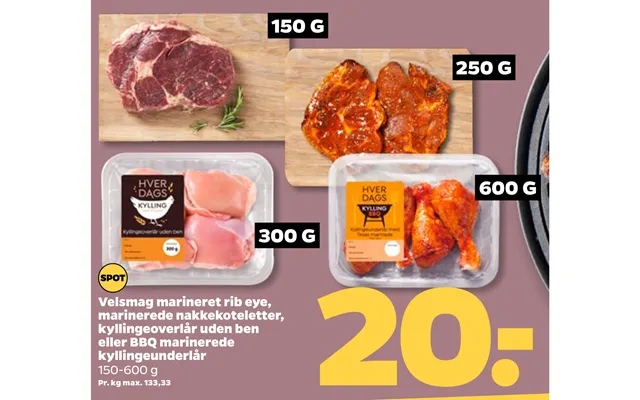 Palatability marinated rib eye, marinated cutlets, chicken thighs without legs or bbq marinated kyllingeunderlår product image
