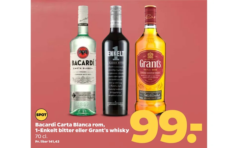 Bacardi Carta Blanca Rom, 1-enkelt Bitter Eller Grant's Whisky