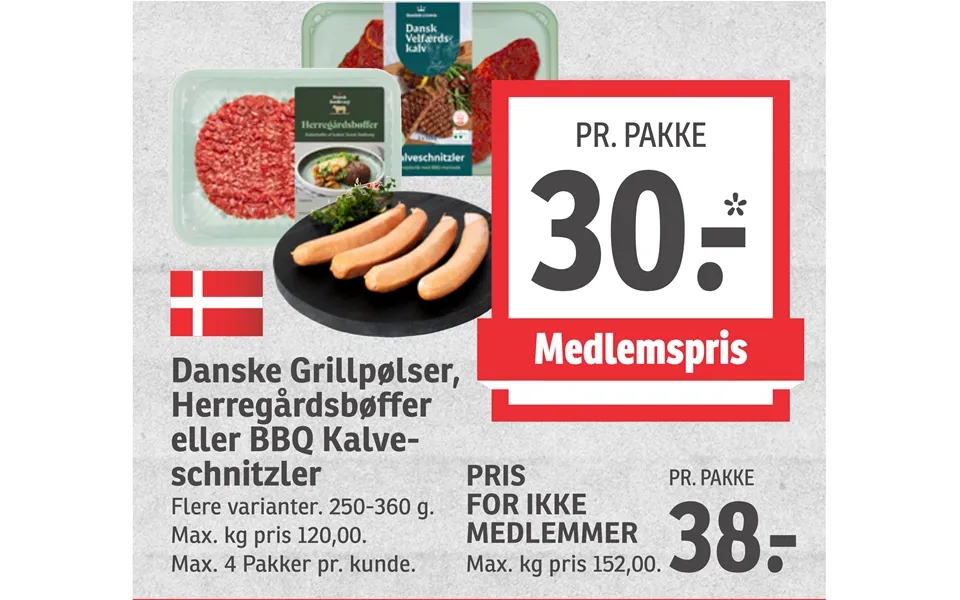 Danish sausages, manor steaks schnitzels