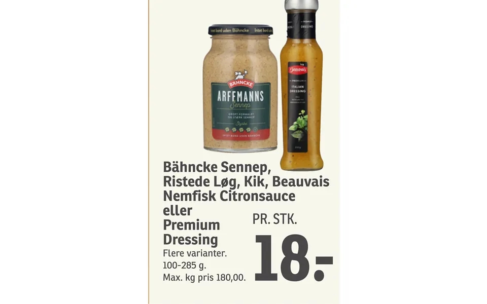 Bähncke Sennep, Ristede Løg, Kik, Beauvais Eller Premium Dressing