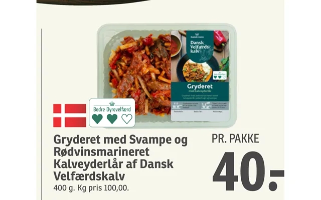 Casserole with mushrooms past, the laws red wine marinated kalveyderlår of danish velfærdskalv product image