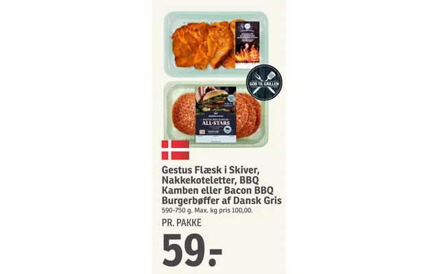 Gestus Flæsk I Skiver, Nakkekoteletter, Bbq Kamben Eller Bacon Bbq Burgerbøffer Af Dansk Gris product image