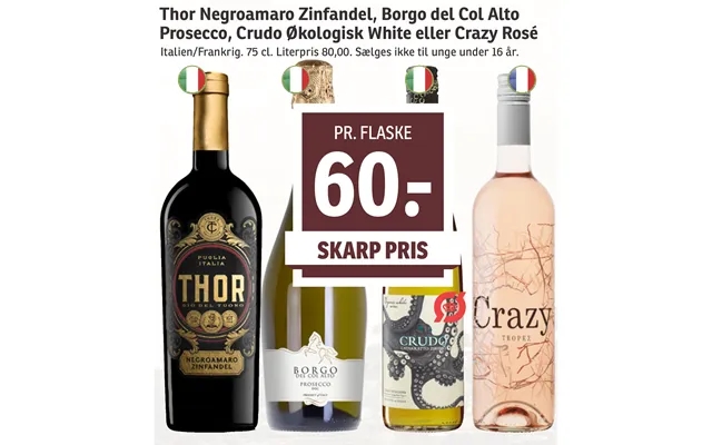 Thor Negroamaro Zinfandel, Borgo Del Col Alto Prosecco, Crudo Økologisk White Eller Crazy Rosé product image