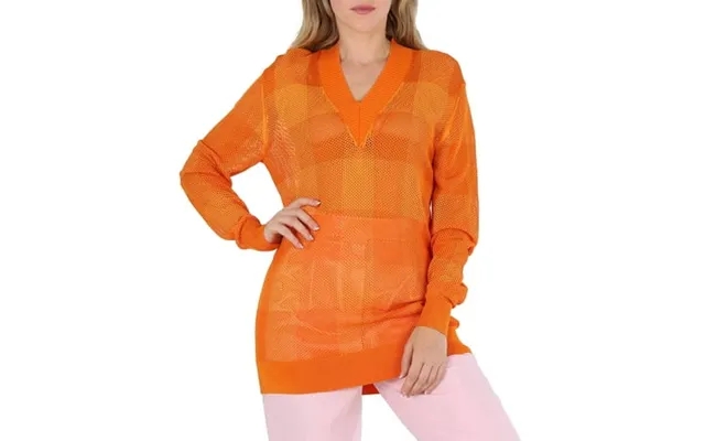 Burberry Ladies Deep Orange Zoie Check Mesh Lace V-neck Jumper Size Medium product image