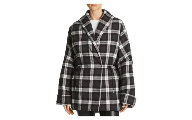 Divine Heritage Womens Black Drawtring Waist Kimono Plaid Puffer Winter Jacket Coat S product image