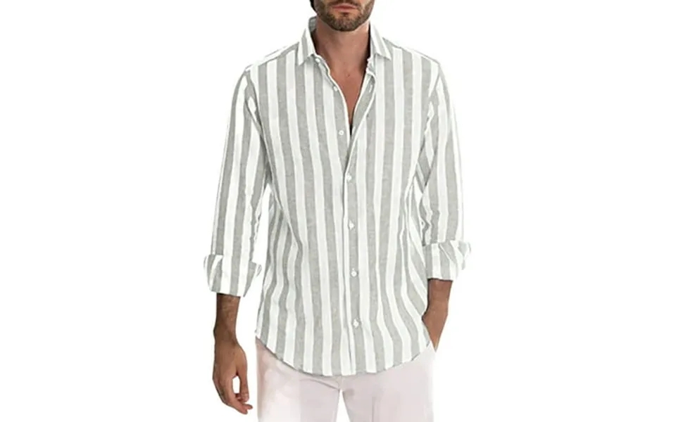 Mens Fashion Casual Striped Linen Buckle Lapel Long Sleeve Shirt Top Yutnsbel