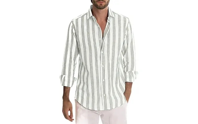 Mens Fashion Casual Striped Linen Buckle Lapel Long Sleeve Shirt Top Yutnsbel product image