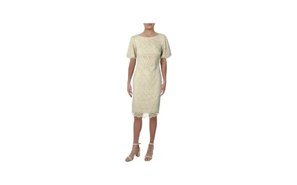 Xscape Womens Gold Lace Pouf Sleeve Boat Neck Midi Sheath Dress 8