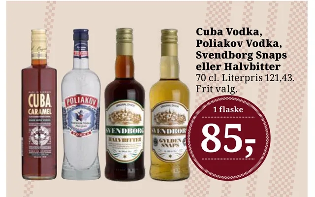 Cuba vodka, poliakov vodka, svendborg snaps or halvbitter product image