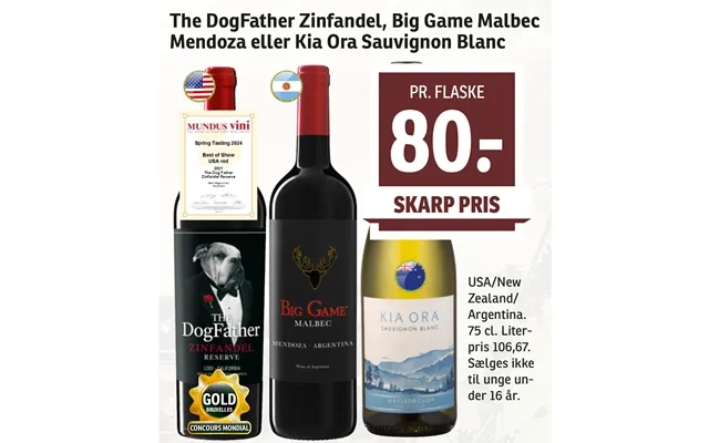 Thé dogfather zinfandel, big game malbec mendoza or kia ora sauvignon blanc product image