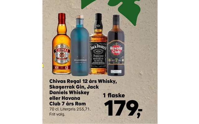 Chivas regal 12 year whiskey, skagerrak gin, jack daniels whiskey or havana club 7 year rom product image