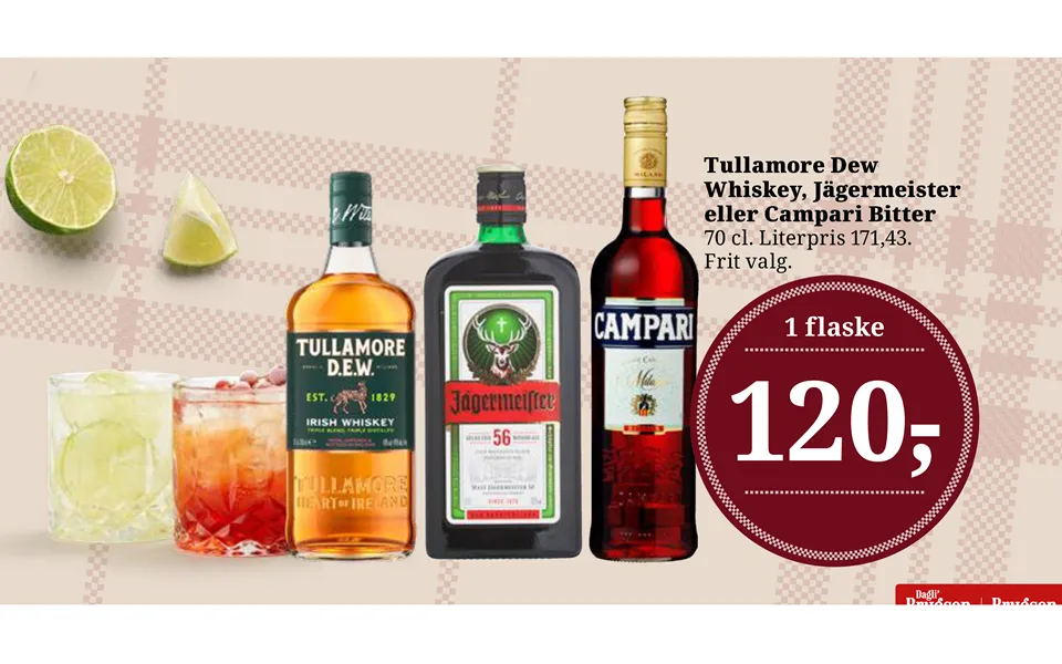 Tullamore dew whiskey, jägermeister or campari bitter