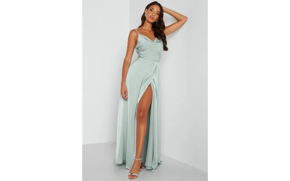 Bubbleroom occasion waterfall high slit satin gown dusty green 34