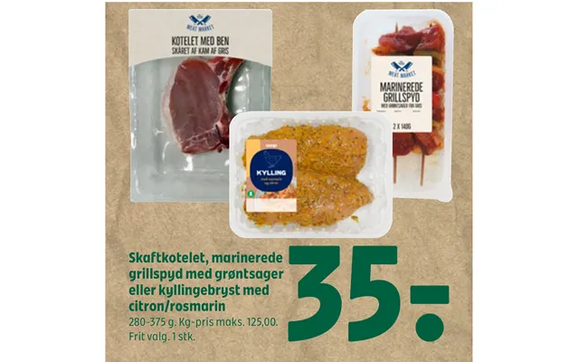 Skaftkotelet, marinated kebabs with vegetables or chicken breast with product image