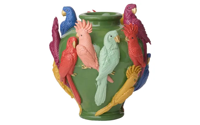 Vase Med Papegøjer, Grøn - H26 Cm