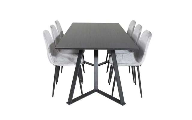 Venture Design Marina Spisebordssæt, M. 6 Stole - Sort Finer Sort Metal Og Grå Fløjl Sort Metal