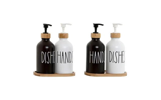 Sæbedispenser Sæt - Hvid Sort Med Bambus, 350 Ml 2 Stk.