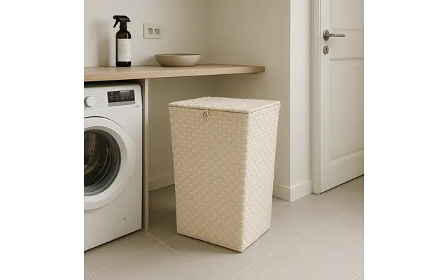 Vasketøjskurv I Beige Plast Med Låg 60 Cm Høj Stilren Opbevaringskurv Til Badeværelse Eller Bryggers