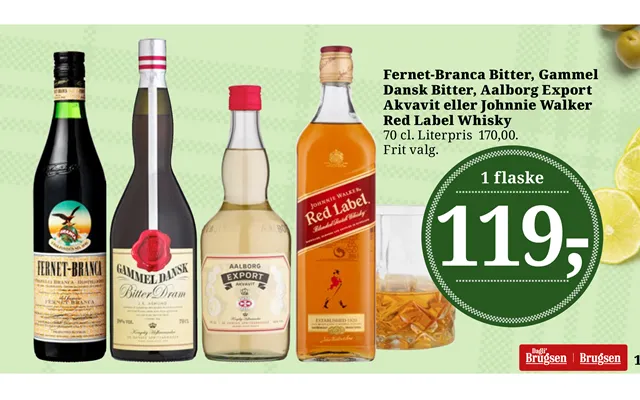Fernet-branca Bitter, Gammel Dansk Bitter, Aalborg Export Akvavit Eller Johnnie Walker Red Label Whisky 13 product image