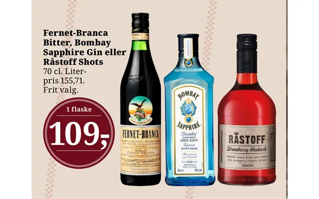 Fernet branca bitter, bombay sapphire gin or råstoff shots product image