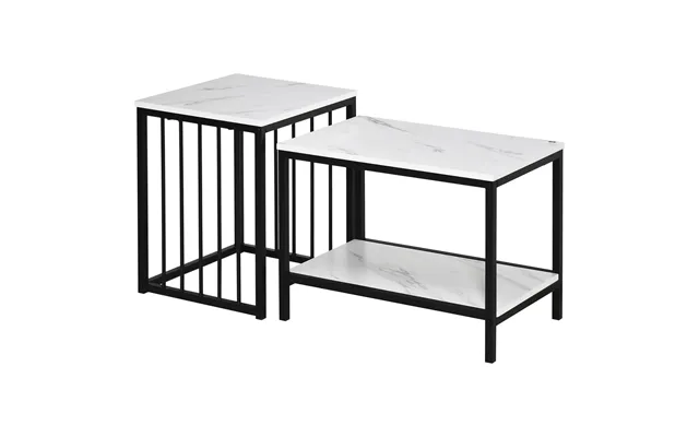 Sofabord 2 Dele Sæt Marmorlook Med Robust Stålramme Hvid Sort product image