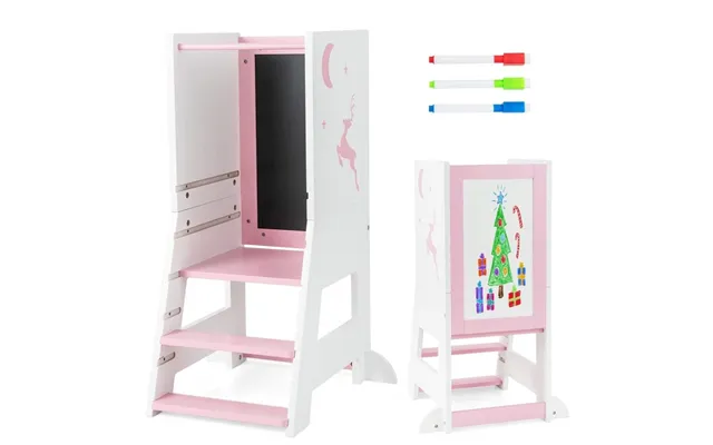 2 I 1 Børnelæringstårn Med Dobbeltsidet Bord & 3 Justerbare Højder Køkken Skammel Trin Skammel Pink