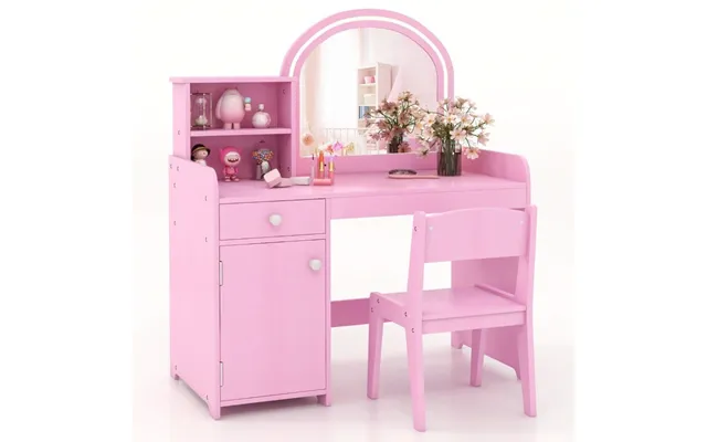 2 I 1 Toiletbord Til Børn Med Skammel & Led-lys & Spejl & Skuffe Kosmetikbord Pink