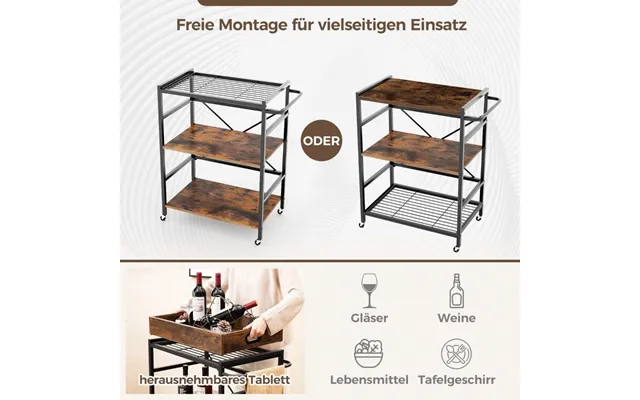 3 Etagers Serveringsvogn Køkkenvogn Med Aftagelig Bakke & Håndtag 73 X 40 X 94 Cm Brun Sort