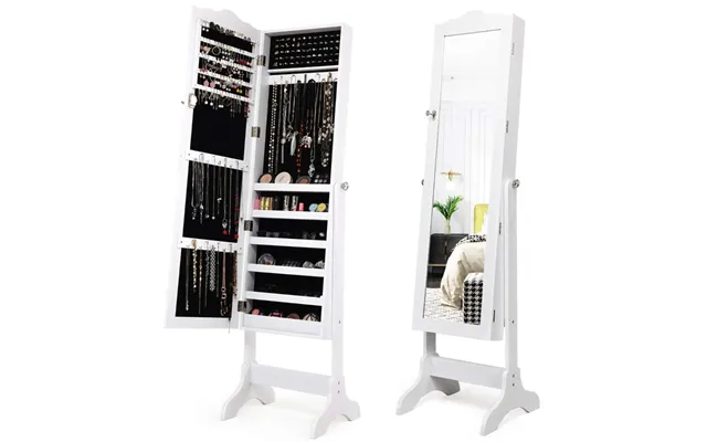 Låsbart Smykkeskab Stående Design Med Justerbar Vinkel Med Spejl I Fuld Længde 45 X 37 X 160 Cm Hvid