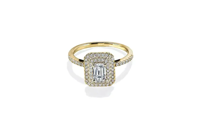Bloom Emerald Safir Guld Forlovelsesring Med Dobbelt Diamant Halo