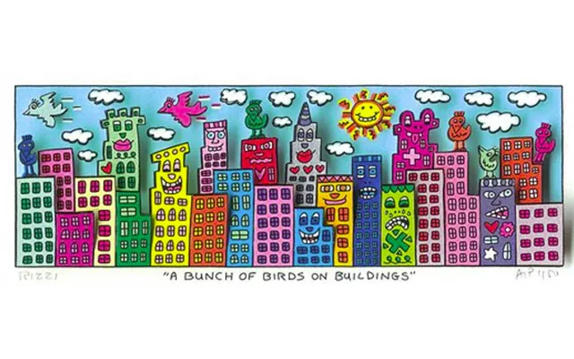 A Bunch Of Birds On Buildings Vægkunst James Rizzi Originale Malerier Af James Rizzi Shop