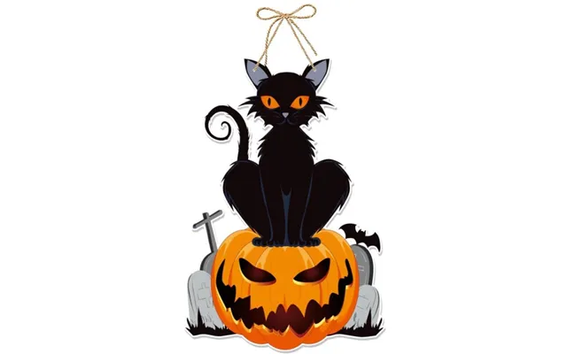 Hængende Halloween Vægdekoration. Sort Kat På Skræmmende Græskar