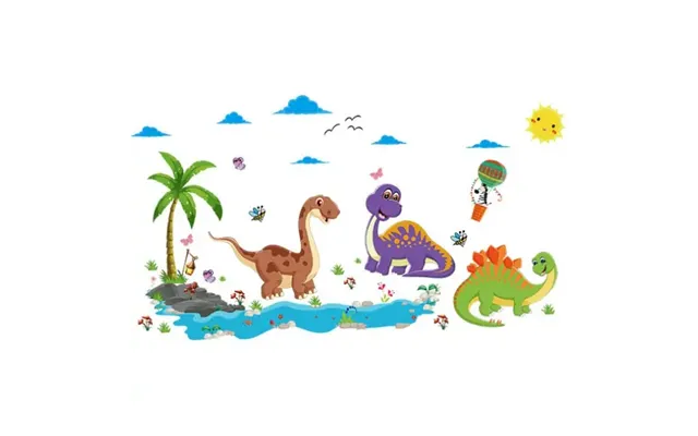 Sød Dinosaurus Wallsticker Med Nuttede Baby Dinoer. 90x60cm.