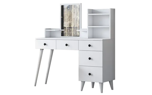 Nordvärk Bj101 2293 Makeup Bord, M. Spejl, 4 Hylder Og 5 Skuffer - Hvid Melamin 125x40