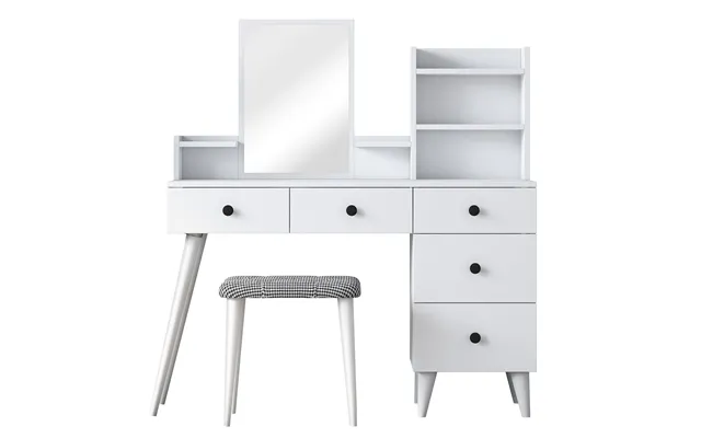 Nordvärk Bj101 2294 Makeup Bord, M. Spejl, 4 Hylder, 5 Skuffer Og Skammel - Hvid Melamin 125x40